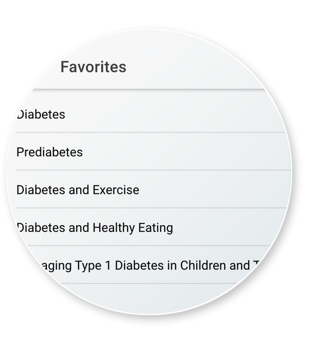 Several favorited items on the favorites list section of the ViewMedica On-Demand application.